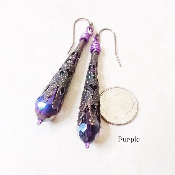 Understated Bling! Extra Long! Copper Filigree Cone & Purple Dangle Earrings - Picture 4 of 8